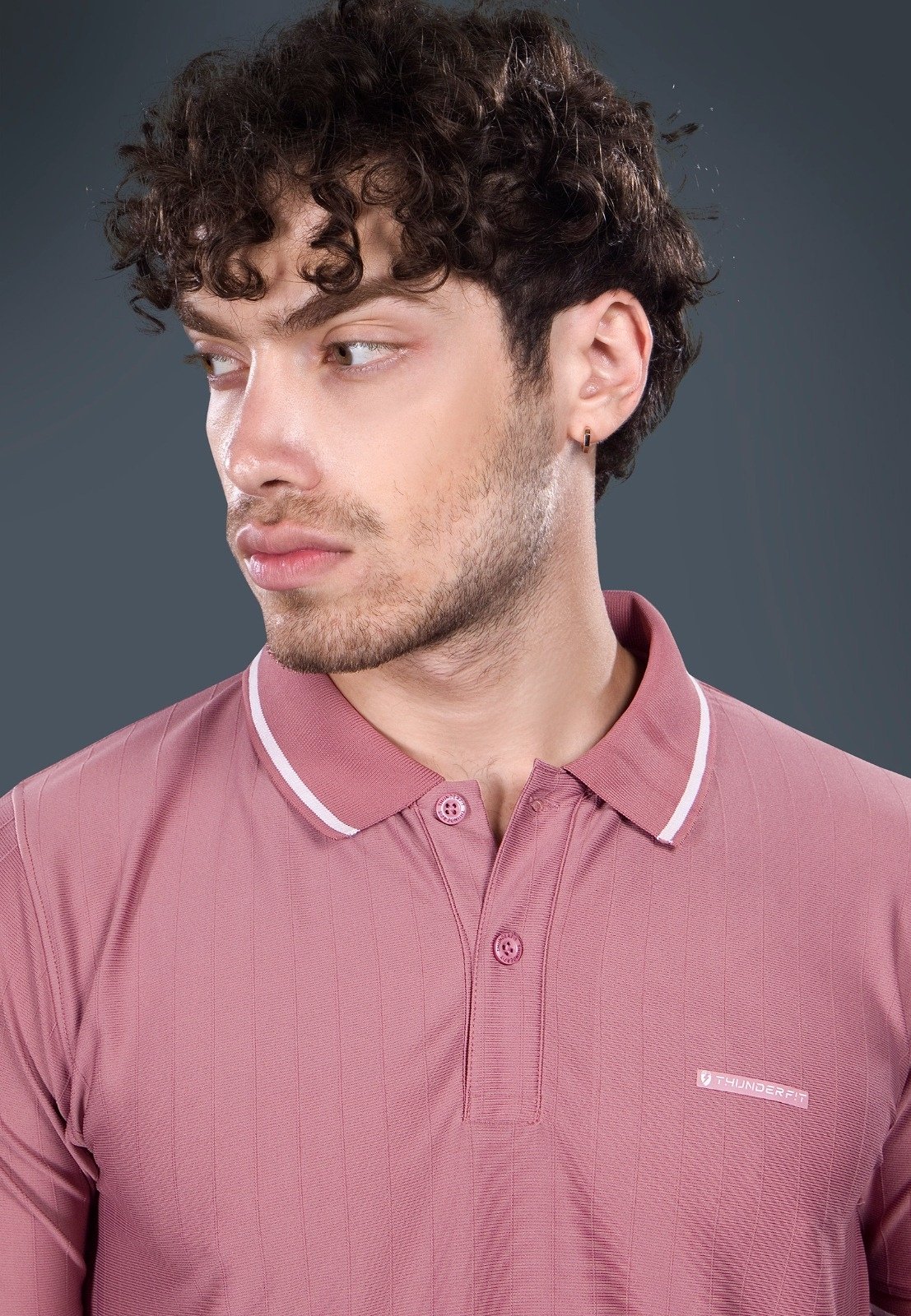 Tipped Collar Sports Polo H/S T-Shirt - Pink (Dusty Rose)