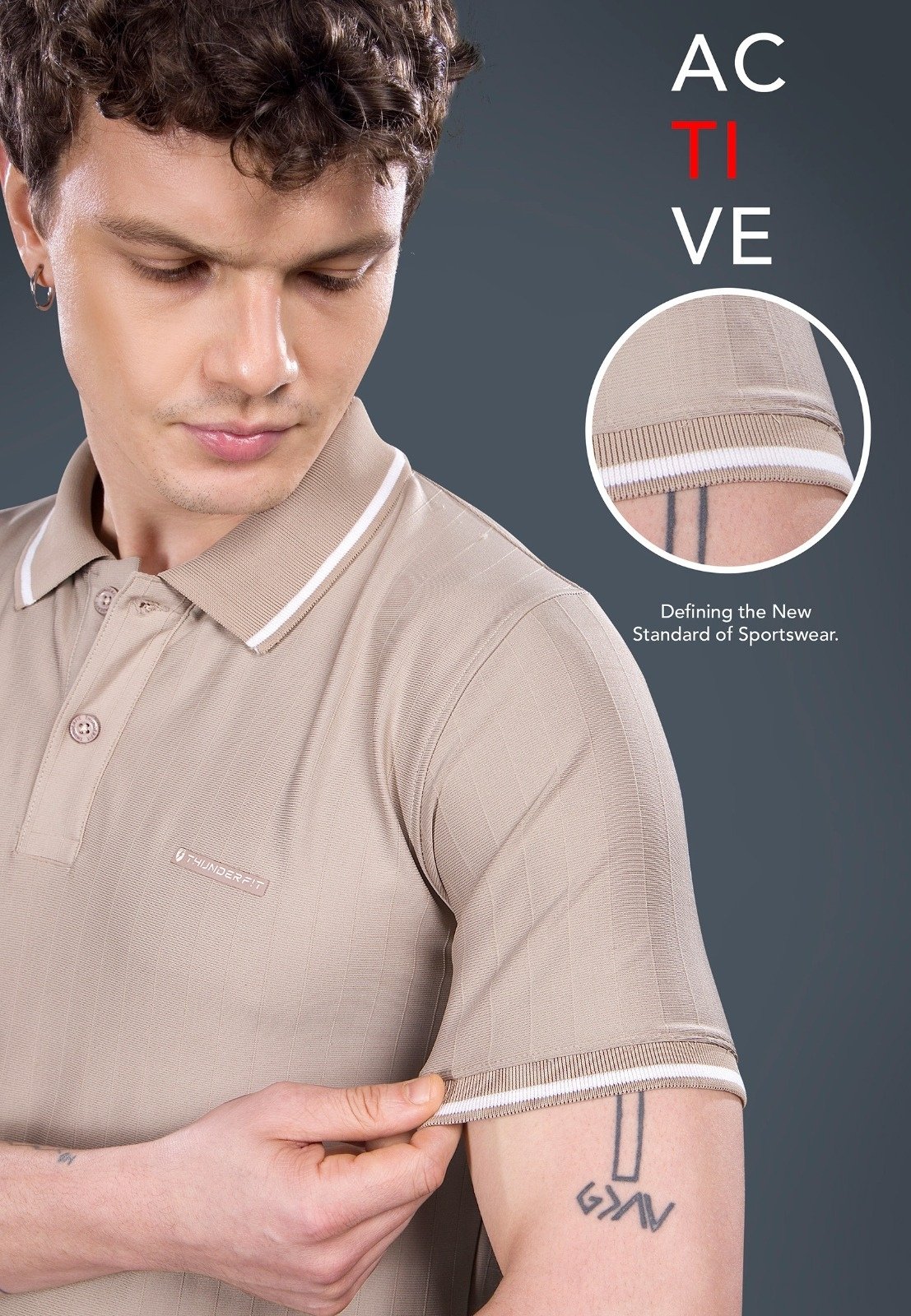 Tipped Collar Sports Polo H/S T-Shirt – Beige