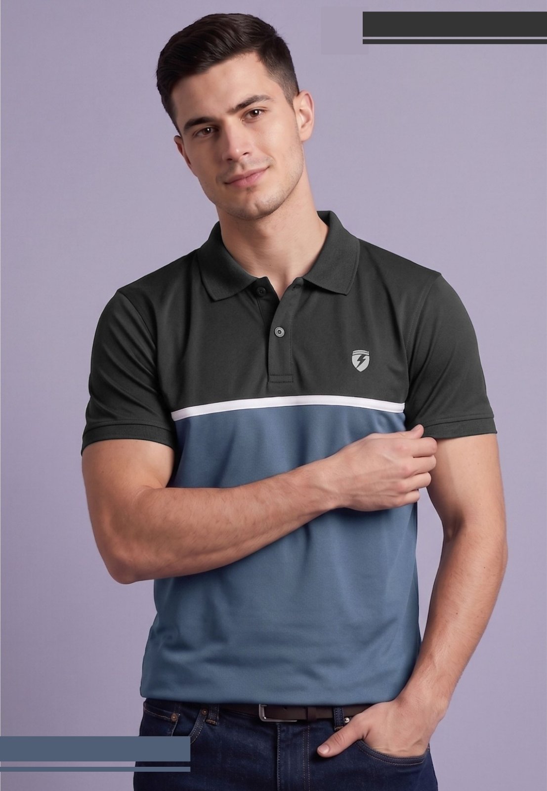 Color-Block Striped Polo Button Collar