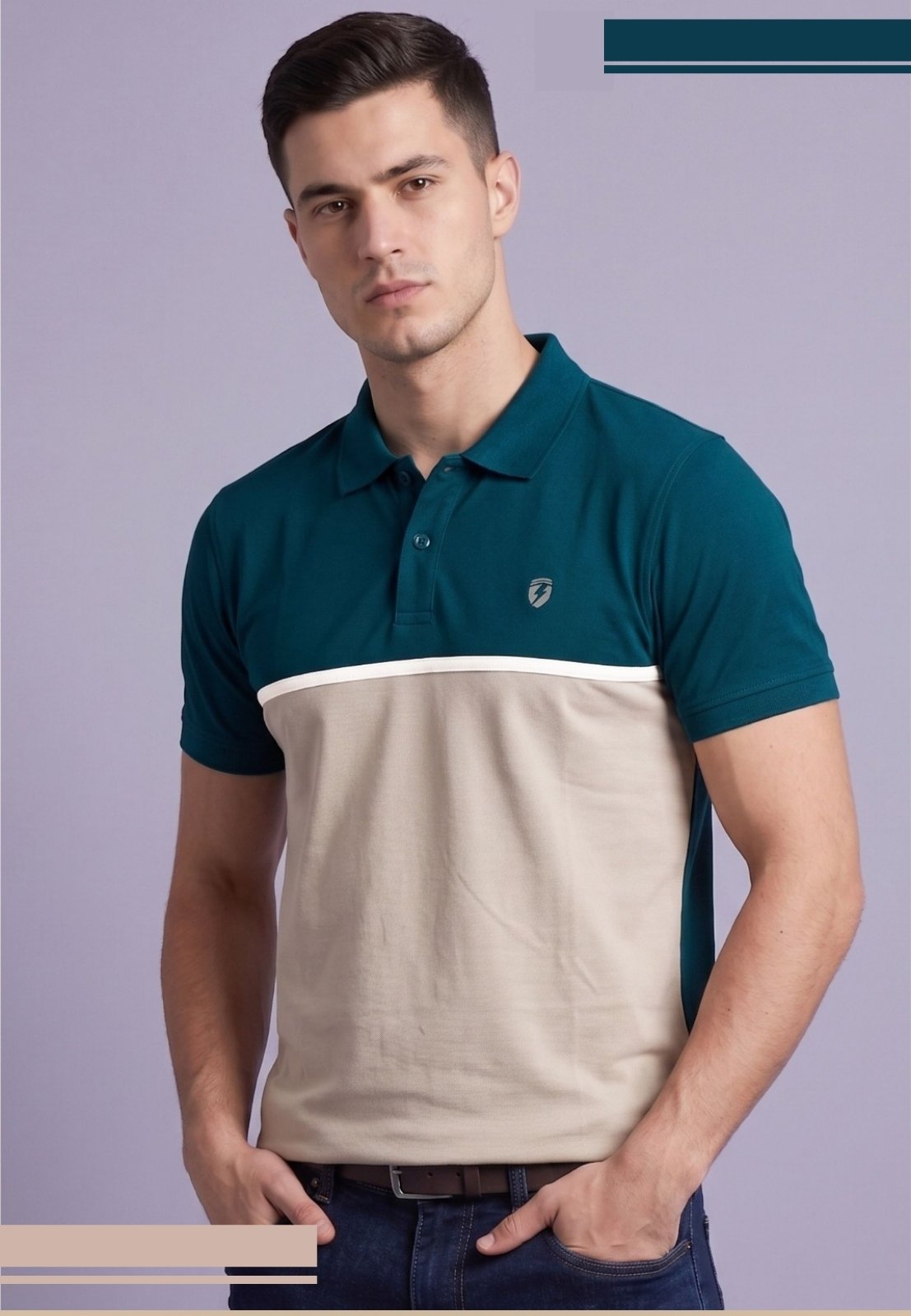 Color-Block Striped Polo Button Collar