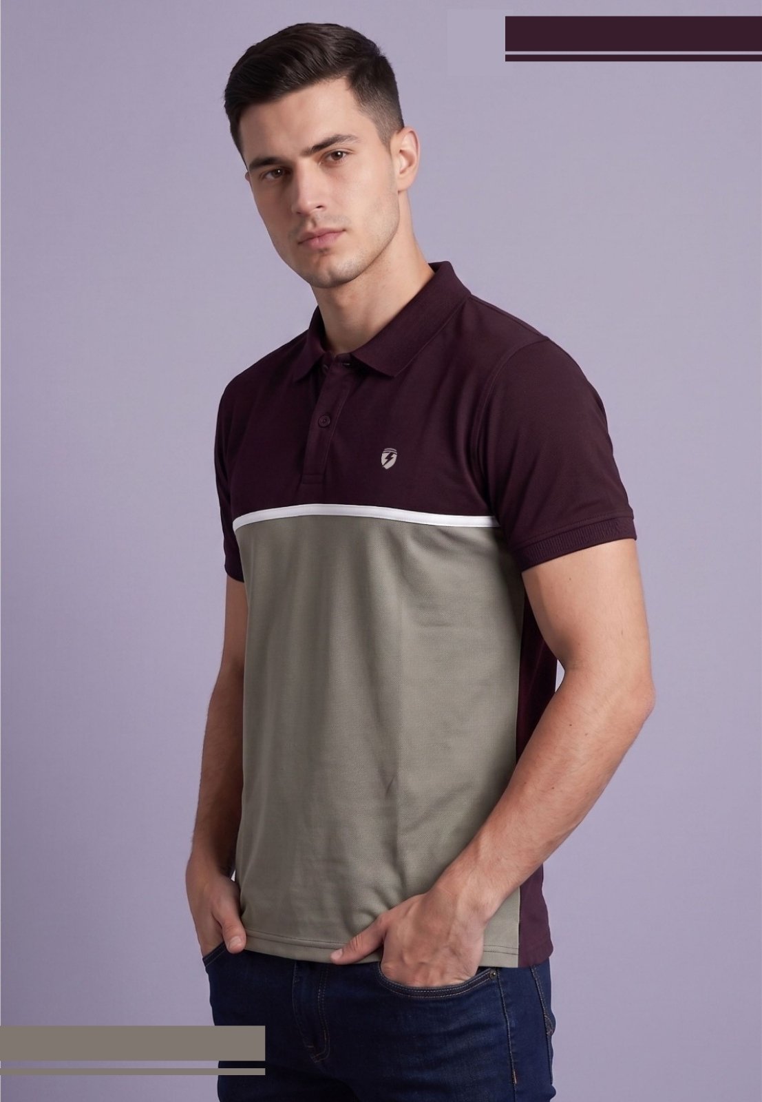 Color-Block Striped Polo Button Collar