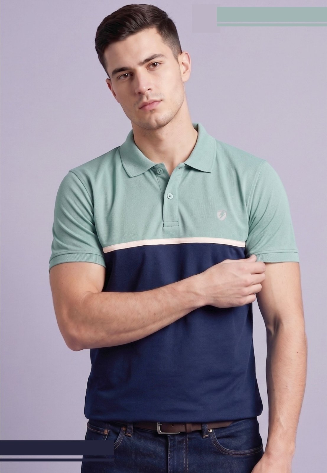 Color-Block Striped Polo Button Collar