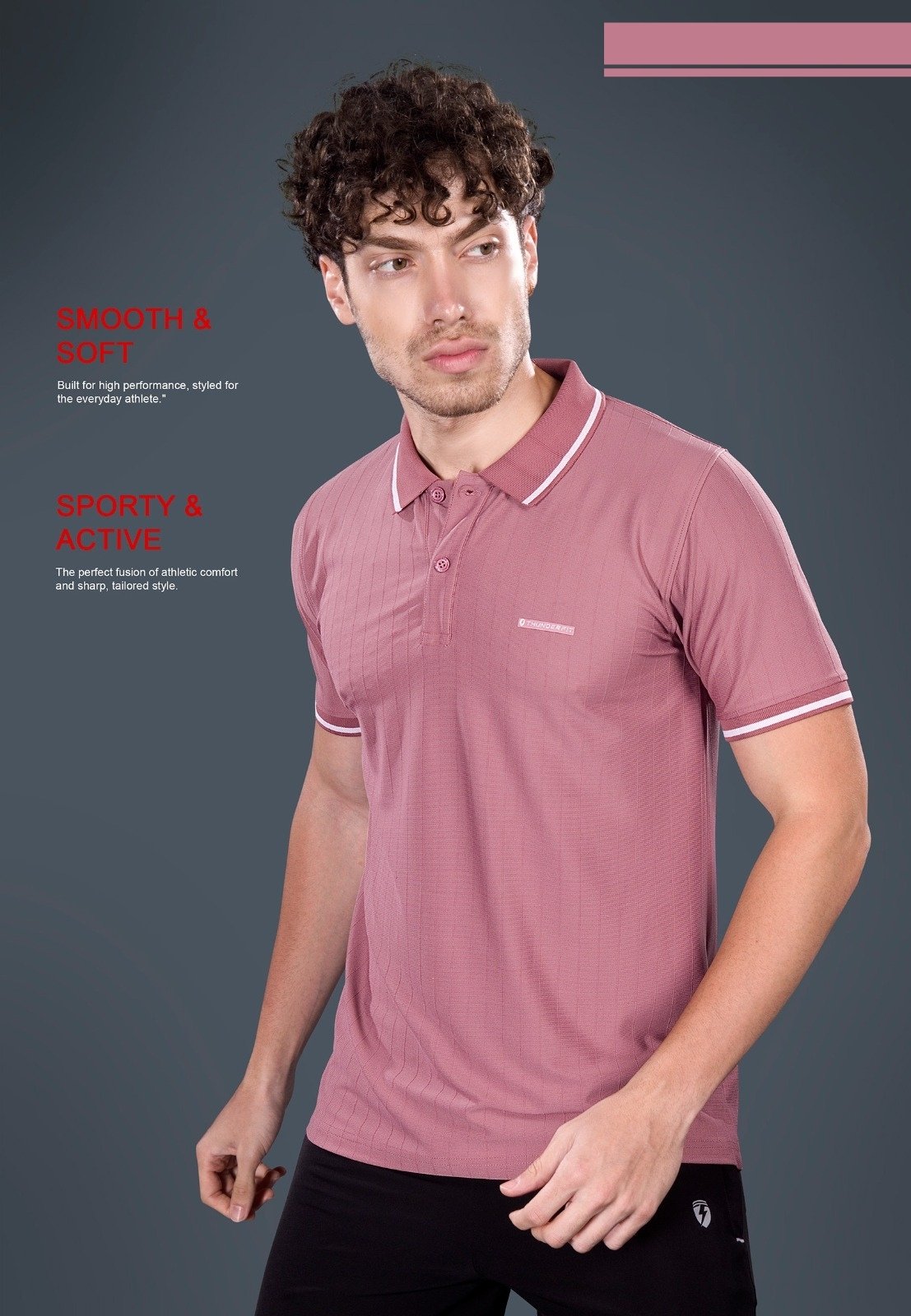 Tipped Collar Sports Polo H/S T-Shirt - Pink (Dusty Rose)